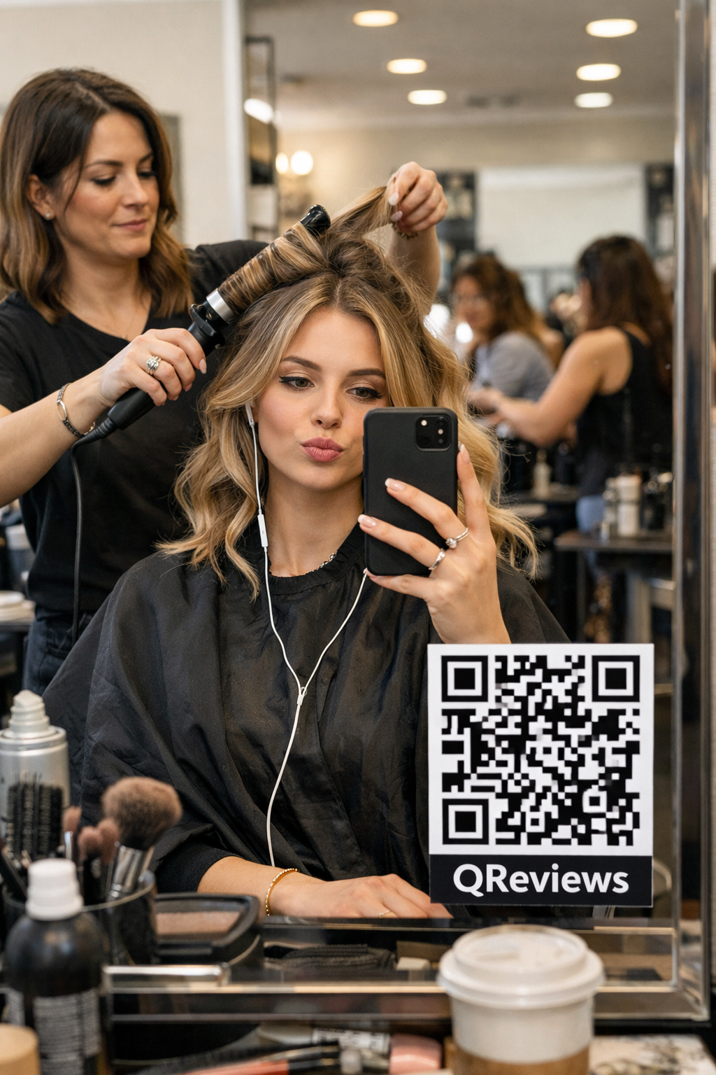 Retail mirror selfie with QR visible